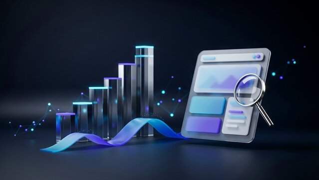 3d data visualization with glass bar charts, a digital interface panel, and a magnifying glass on a dark background, with glowing light particles