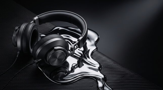 Black headphones on carbon fiber with reflective liquid metal surface