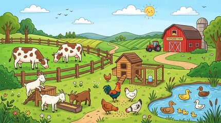 Fototapeta premium Charming Rural Farm Landscape Illustration Featuring Happy Animals and Barnyard Life Activity