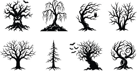 Obraz premium Spooky Halloween Dead Tree Silhouette Icon Set with Creepy Branches Monster Faces Owls and Bats for Scary Forest Graphic Vector Designs
