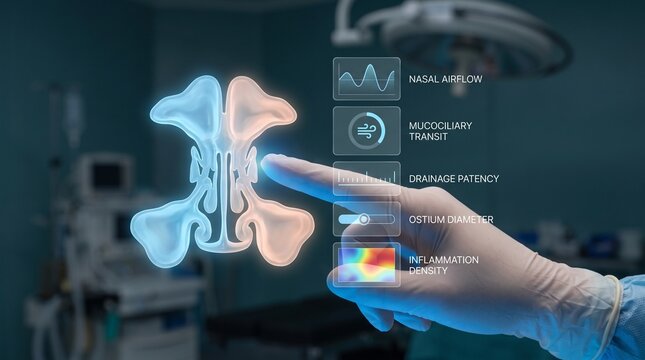 Human nasal cavity anatomy projected as glowing blue and orange medical hologram interacted by gloved surgeon for detailed diagnostics analysis