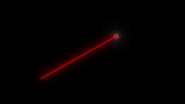 glowing red arrow pointing upward on black background for business growth and financial success. modern abstract glowing laser arrow pointing up right for technology presentation background.