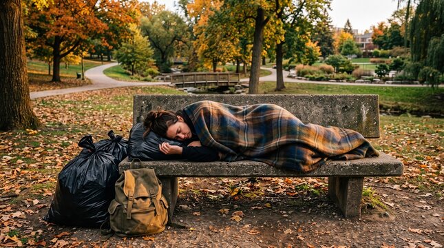 Homeless person sleeping on a park bench surrounded by nature