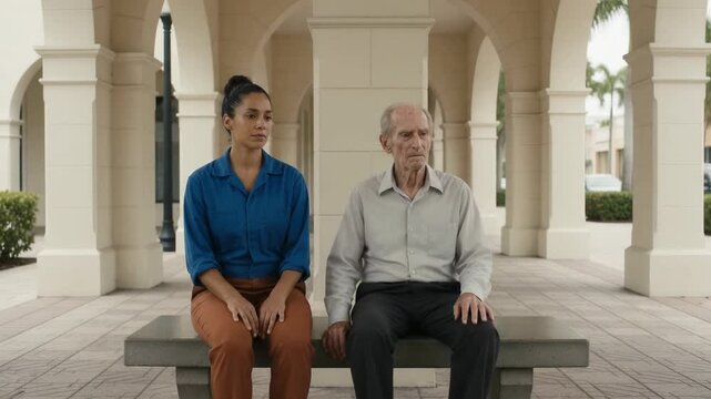 Woman Sitting Down Next to an Older Man on a Public Bench