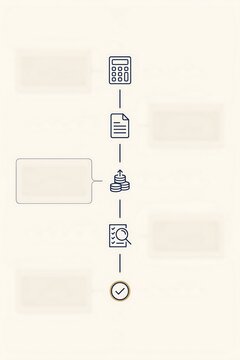 Vertical business process infographic template with five steps featuring line for calculator, document, coins, search, and checkmark.