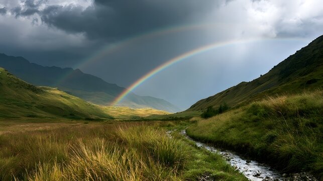 A vibrant double rainbow arcs gracefully over a lush green valley with rolling hills and a winding stream through tall grass