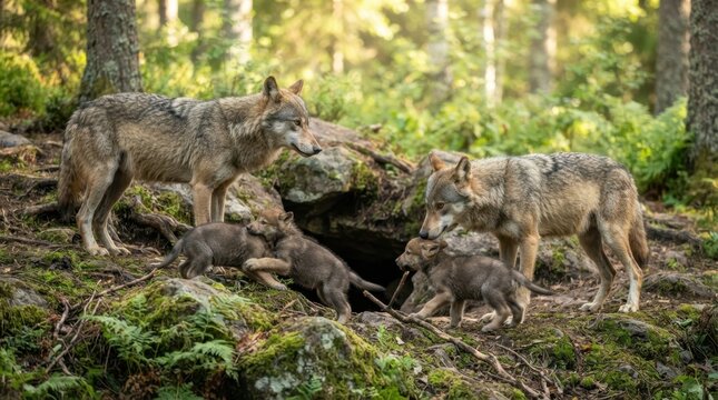 Wolf Pack's Den: A family of wolves, including two adult wolves and four playful pups, gather near their den entrance amidst a lush, moss-covered forest floor.