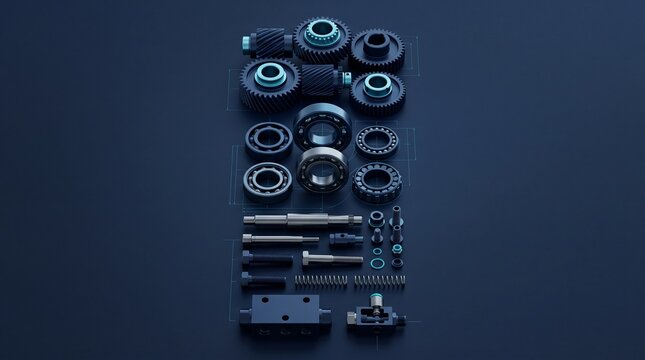 Precision industrial machine components including steel gears, ball bearings, bolts, and springs arranged on a dark blue surface with technical blueprint schematic lines.