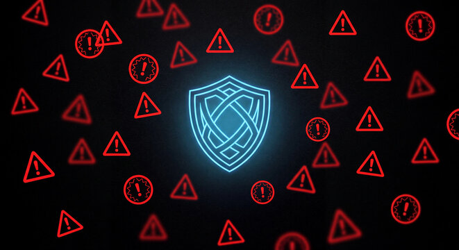 Glowing blue security shield surrounded by red warning alert icons on dark background graphic