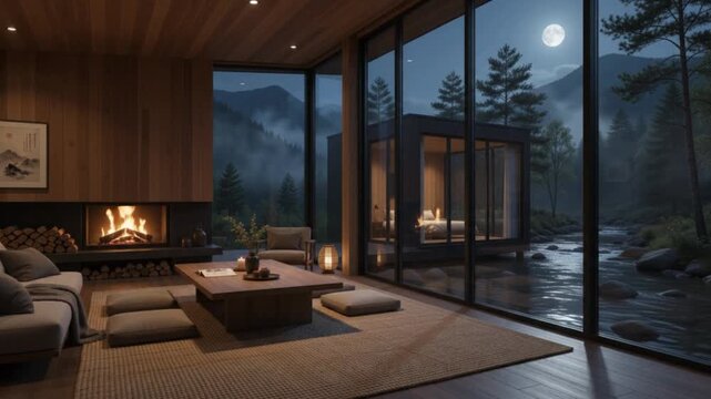Modern luxury mountain cabin interior at night with cozy fireplace and moonlit river view through glass walls in a serene wilderness setting.