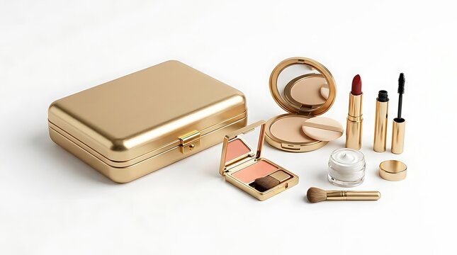 Set of luxury gold makeup products and cosmetic case with brushes and lipstick. gold travel cosmetics kit