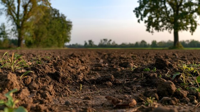 A low angle view of freshly tilled soil with scattered clods and sparse green sprouts under a soft sky with distant trees