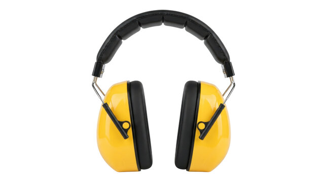 Yellow and black industrial earmuffs with padded headband isolated on white background