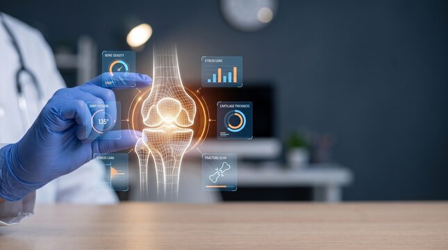 Medical professional wearing blue latex gloves analyzes glowing holographic human knee joint data interface displayed in modern bright diagnostic clinic