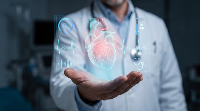 Medical professional holding glowing holographic heart icon with floating clinical data charts in modern hospital room for cardiology healthcare diagnostics