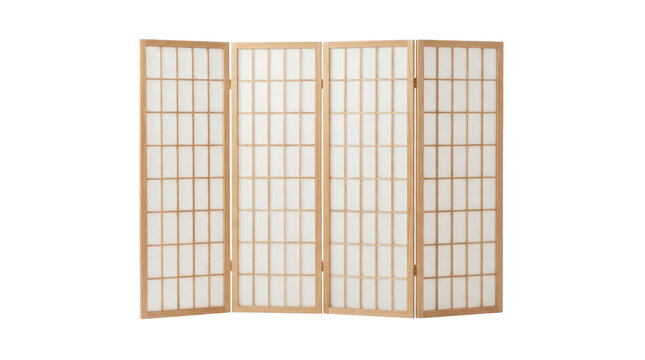 Four-panel wooden shoji screen with translucent paper panels, isolated on white background