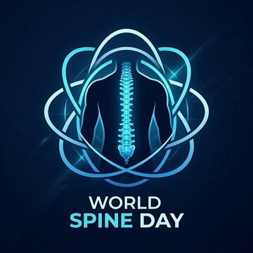 World spine day concept with glowing human spine anatomy and abstract orbital rings on a dark blue background, medical health awareness illustration