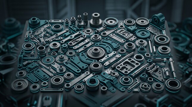 High-precision CNC machined metal components including gears, bearings, and mechanical brackets arranged on dark surface with blue neon highlights and shallow depth of field.