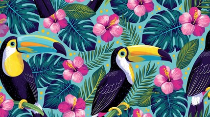 Fototapeta premium Tropical toucans and hibiscus flowers in a jungle leaf pattern