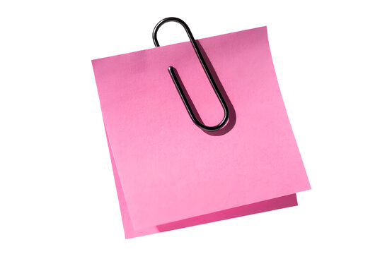 Blank pink sticky note with black paper clip isolated on transparent background, realistic stationery paper, office memo, minimal commercial PNG design element