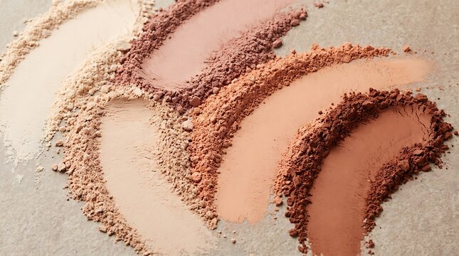 Cosmetic face powder strokes in various shades of beige and brown makeup. Loose cosmetic powder swatches