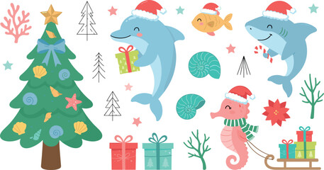 Naklejka premium Cute Nautical Christmas Vector Clipart Set with Santa Hat Sea Animals, Decorated Pine Tree, Dolphin, Shark, Seahorse, and Ocean Holiday Elements