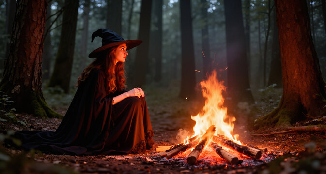 A beautiful witch gazing at the fire in the forest.