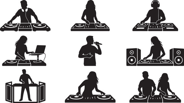 Collection of black silhouette showing d js performing with turntables, mixers, and speakers for music and club events