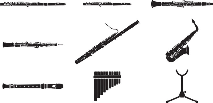 Collection of black silhouettes depicting various woodwind instruments including flutes, clarinets, saxophones, oboes, and a pan flute set