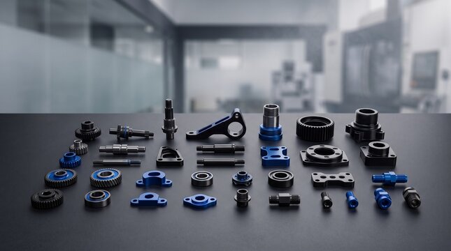 Precision engineered metal components featuring blue and black anodized finishes including gears, bearings, and threaded shafts for industrial machinery and automation.
