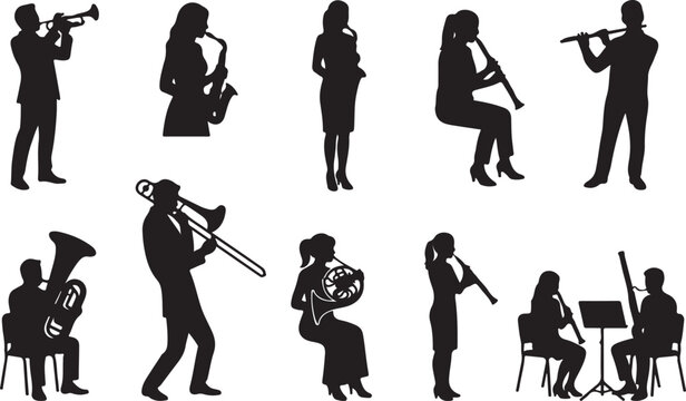 Musicians playing various wind and brass instruments silhouette including trumpets, saxophones, flutes, and clarinets