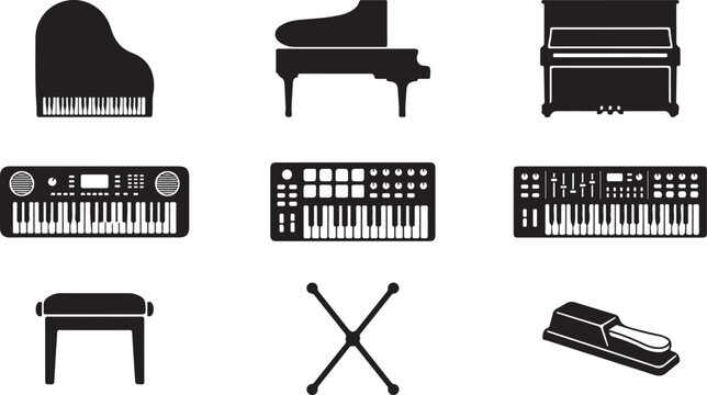 Piano and keyboard instrument including grand piano, upright piano, synthesizer, midi controller, bench, stand, and sustain pedal