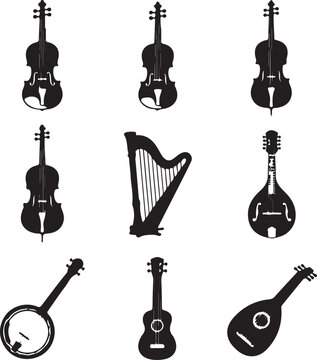 Set of black and white showing various string and folk musical instruments including violins, a harp, mandolin, banjo, and ukulele