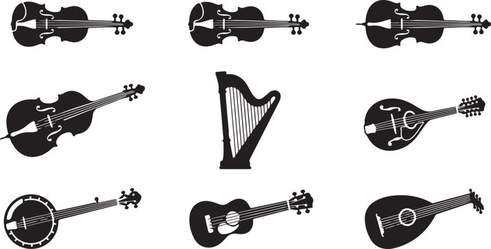 Set of black silhouette depicting various string musical instruments including violins, harps, banjos, and acoustic guitars