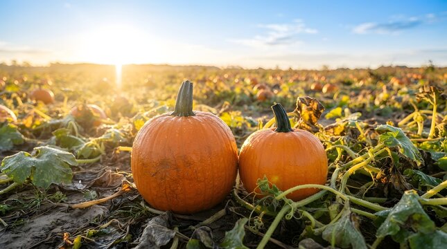 Two ripe orange pumpkins sitting in a field during a golden sunset