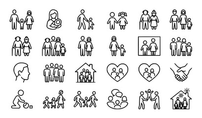 Fototapeta premium Family and People Outline Icons with Parents Children Couples and Relationship Symbols