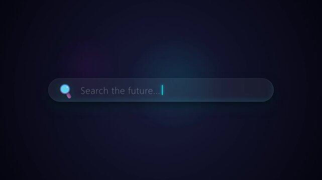 Search bar interface with glowing cursor typing text against a dark background with modern UI design