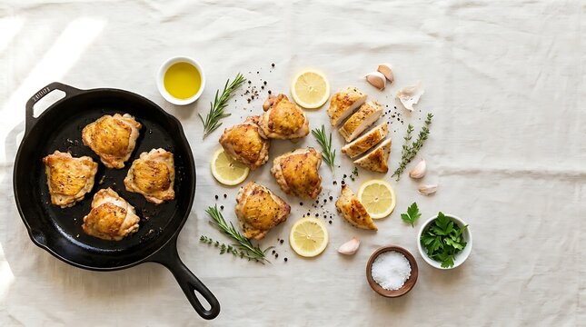Roasted chicken thighs with rosemary and lemon slices in a black iron skillet. pan seared chicken