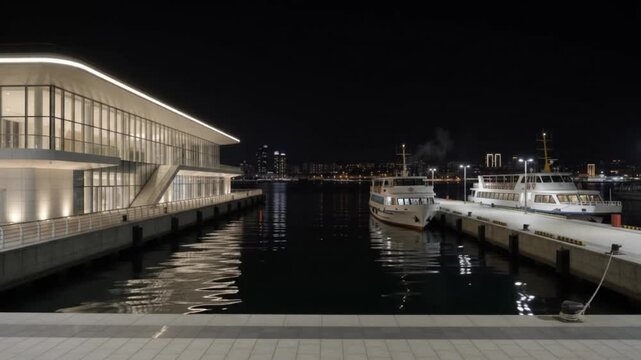 Modern glass terminal building and passenger ferries docked at a calm harbor pier at night with city lights reflections and contemporary urban maritime architecture.