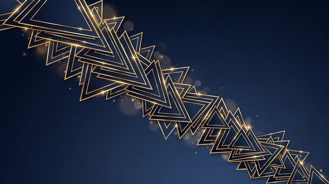 Abstract luxury diagonal band with overlapping geometric metallic triangles and sparkling bokeh particles representing modern art deco design, premium branding, and celebratory background applications