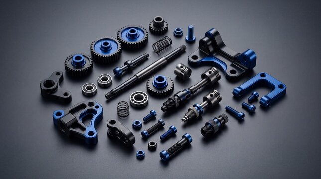 Precision engineered machine parts featuring blue anodized aluminum components, black steel gears, ball bearings, threaded bolts, and springs neatly organized on a dark matte surface.