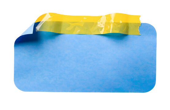 Blue paper note with yellow adhesive tape and blank copy space isolated on transparent background, colorful stationery, office memo, commercial PNG asset