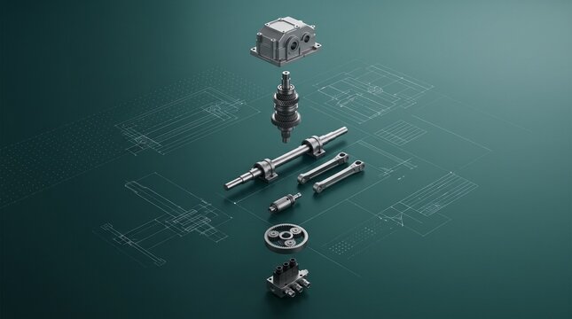 Exploded view of high precision industrial mechanical components including gears, drive shafts, and housing displayed over white technical blueprints on a dark green surface.
