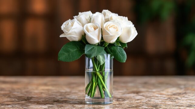 Fresh White Roses in Clear Glass Vase on Marble Table with Soft Green Background Enhancing Beauty and Elegance of Floral Arrangement for Decor