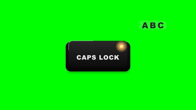 A large black CAPS LOCK keyboard key animation shown pressing down on a clean solid green chroma key background