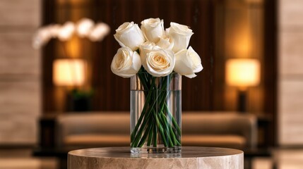 Obraz premium Elegant White Roses in a Transparent Vase on a Wooden Table in a Stylish Modern Interior with Soft Ambient Lighting