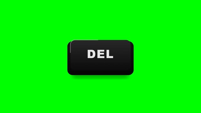 A large black DELETE keyboard key animation shown pressing down on a clean solid green chroma key background