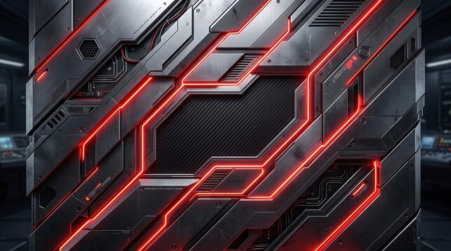 Sci-fi metallic armor panel with glowing illuminated neon lines and carbon fiber texture representing cyber gaming design, futuristic server interface, and high-tech hardware concepts