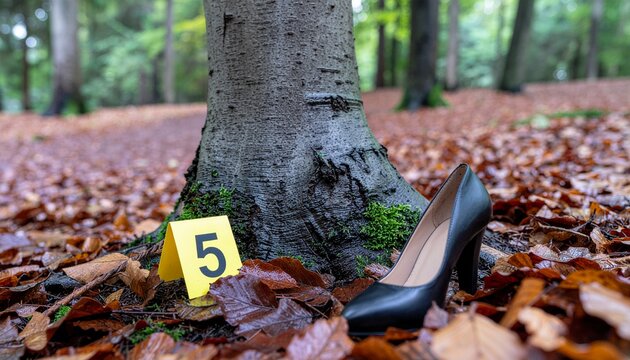 A black high heel shoe placed on the ground next to a yellow evidence marker number five by a tree trunk in an autumn forest, depicting a dramatic crime scene investigation concept.