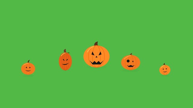 A clean 2D vector Halloween animation featuring five unique jack o lantern pumpkins with playful spooky faces, subtle floating motion, simple shadows, and a bright green background